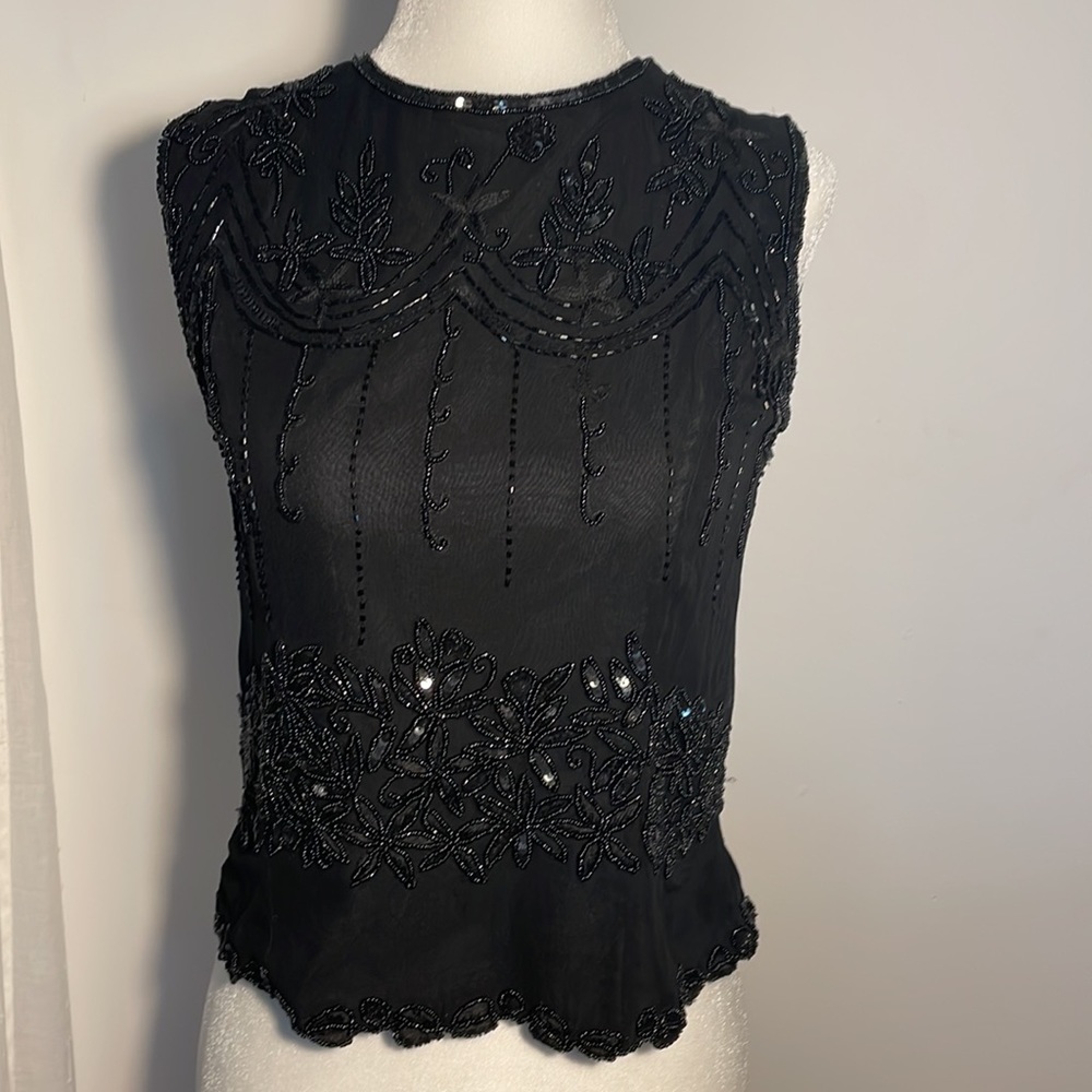 PAPELL BOUTIQUE Evening Black 100% Silk Top Beadwork & Sequins Vintage Size S